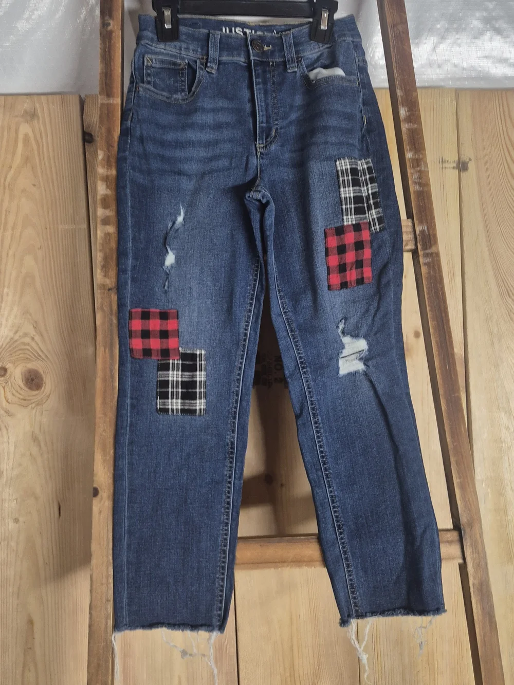 Girls Dark Blue Distressed Jeans with Plaid Patchwork